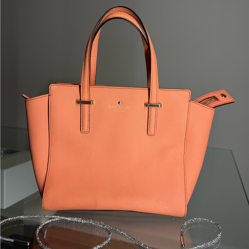 Kate Spade leather coral satchel handbag purse silver metal detailing
